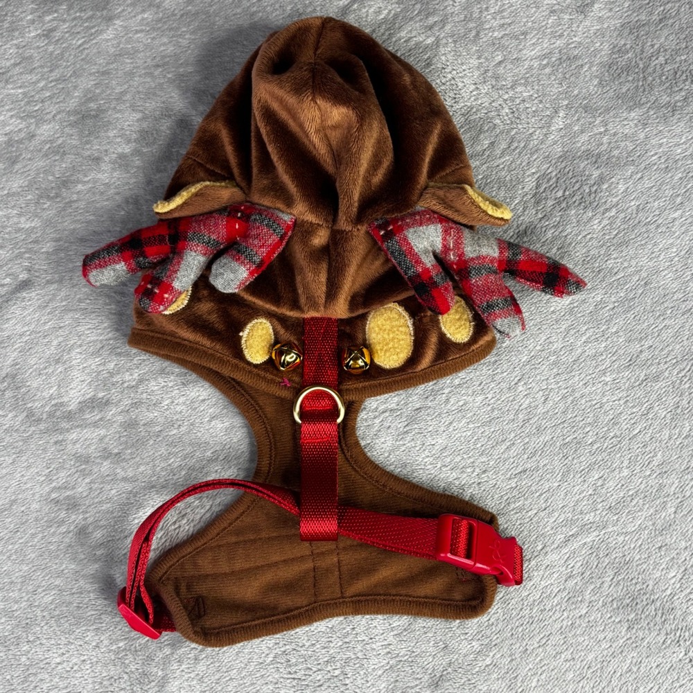 Holiday Reindeer Pet Harness Brown Red Plaid Small Christmas Costume Jingle Bell
